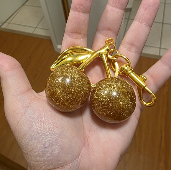 Gold Double Cherries Keychain/Bag Charm with gold hardware NEW - Picture 1 of 2